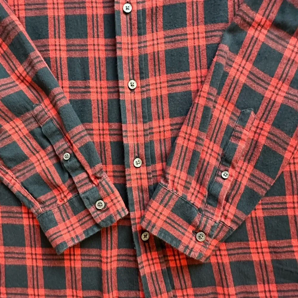 Cotton & Co Red Black Plaid Flannel Button Down Shirt Grunge Goth Classic L